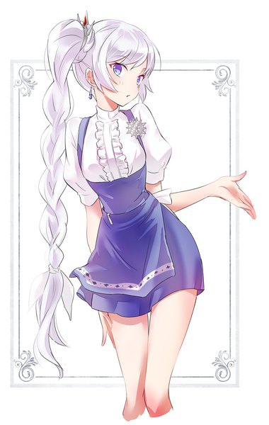 Anime picture 1232x1944 with rwby rooster teeth anna miller weiss schnee iesupa single long hair tall image looking at viewer blue eyes white background silver hair braid (braids) short sleeves alternate costume puffy sleeves thighs side ponytail waitress girl