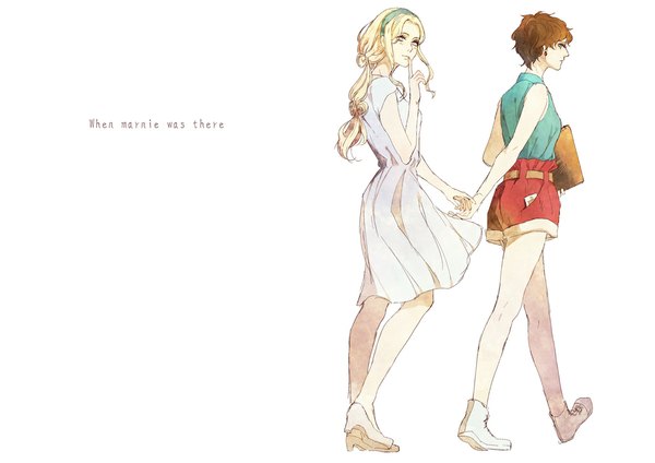 Anime picture 1000x707 with omoide no marnie studio ghibli marnie anna (omoide no marnie) miyako (pixiv 6177912) long hair short hair simple background blonde hair brown hair white background multiple girls green eyes yellow eyes looking back holding hands finger to mouth walking family girl