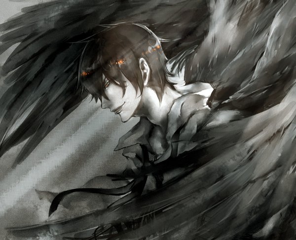 Anime picture 1500x1220 with original ying (artist) single short hair black hair smile profile lips orange eyes monochrome boy shirt wings