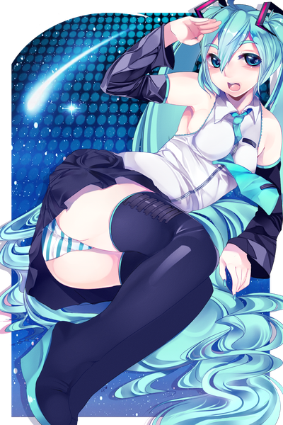 Anime picture 900x1350 with vocaloid hatsune miku loyproject single tall image fringe breasts blue eyes light erotic very long hair aqua hair pantyshot salute girl skirt underwear panties detached sleeves necktie striped panties