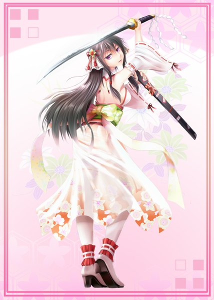 Anime picture 800x1120 with original noe noel single long hair tall image looking at viewer blush open mouth black hair smile purple eyes bare shoulders traditional clothes japanese clothes looking back turning head girl thighhighs hair ornament bow