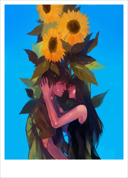 Anime picture 1400x1950 with forbidden siren suda kyouya kajiro miyako kinchan long hair tall image fringe black hair simple background lips black eyes dark skin blue background face to face eye contact girl boy flower (flowers) sunflower photo (object)