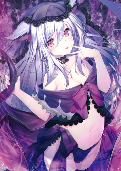 Anime picture 2099x2952 with original topia single long hair tall image looking at viewer blush fringe highres breasts light erotic hair between eyes red eyes standing bare shoulders animal ears cleavage silver hair tail scan