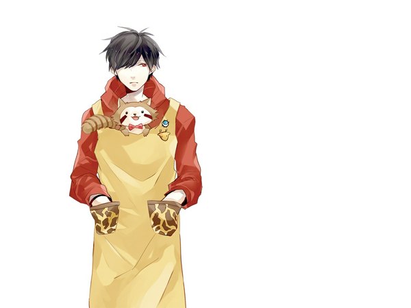 Anime picture 1147x860 with araiguma rascal nico nico singer fukuwa rascal gui (artist) fringe short hair black hair simple background red eyes standing white background looking away hair over one eye hands in pockets boy animal apron raccoon