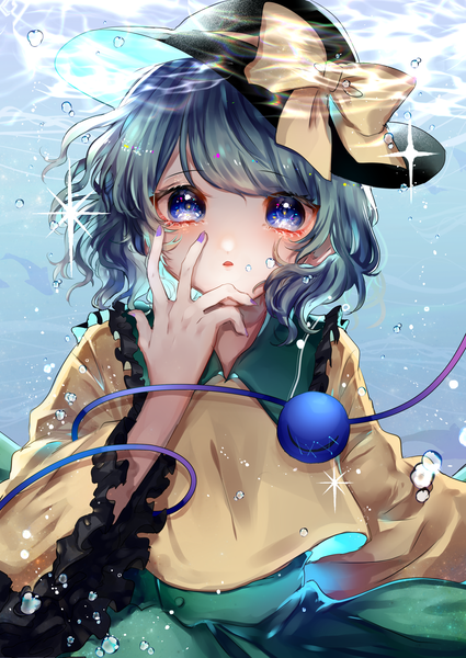 Anime picture 2149x3035 with touhou komeiji koishi suzune hapinesu single tall image looking at viewer blush fringe highres short hair open mouth blue eyes upper body nail polish arm up aqua hair wide sleeves :o sparkle underwater