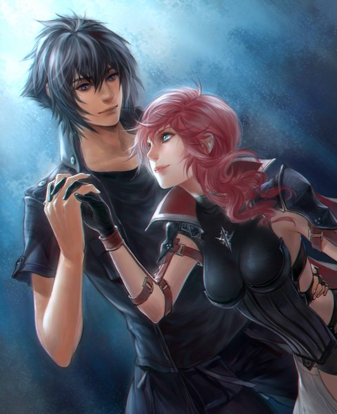 Anime picture 1882x2309 with final fantasy final fantasy xv square enix lightning farron noctis lucis caelum fenbei long hair tall image highres short hair blue eyes black hair purple eyes pink hair short sleeves holding hands eye contact girl boy gloves