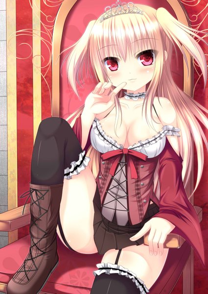 Anime picture 1074x1517 with original nyarumi single long hair tall image looking at viewer blush breasts light erotic blonde hair red eyes sitting two side up girl thighhighs dress black thighhighs boots tiara