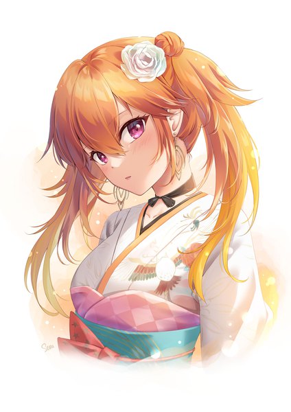 Anime picture 1273x1800 with virtual youtuber hololive hololive english takanashi kiara sebu illust single long hair tall image looking at viewer fringe hair between eyes purple eyes twintails upper body traditional clothes japanese clothes hair flower orange hair official alternate costume portrait