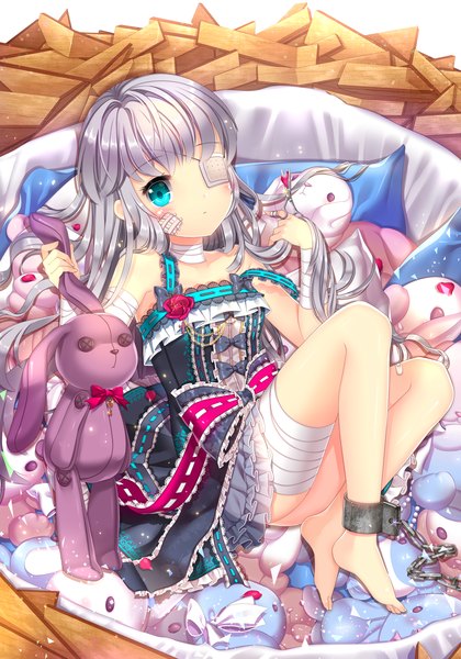 Anime picture 2173x3106 with sword girls iri flina agrt single long hair tall image looking at viewer blush highres blue eyes silver hair bandage over one eye girl dress chain toy bandage (bandages) stuffed animal sundress stuffed rabbit