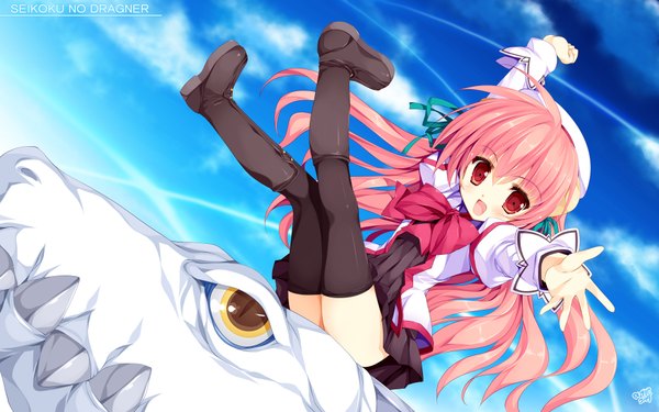 Anime picture 1920x1200 with seikoku no dragonar eco (dragonar) shimesaba kohada long hair looking at viewer blush highres open mouth red eyes pink hair sky cloud (clouds) girl thighhighs dress black thighhighs boots bowtie dragon