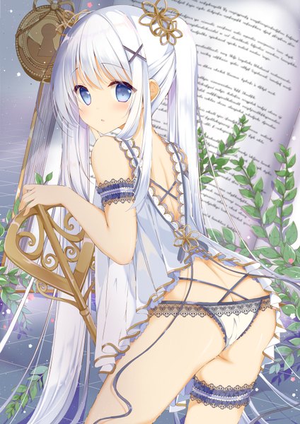 Anime picture 1191x1684 with original shirosei mochi single long hair tall image looking at viewer blush fringe open mouth blue eyes light erotic standing twintails payot silver hair ass looking back from behind leaning leaning forward