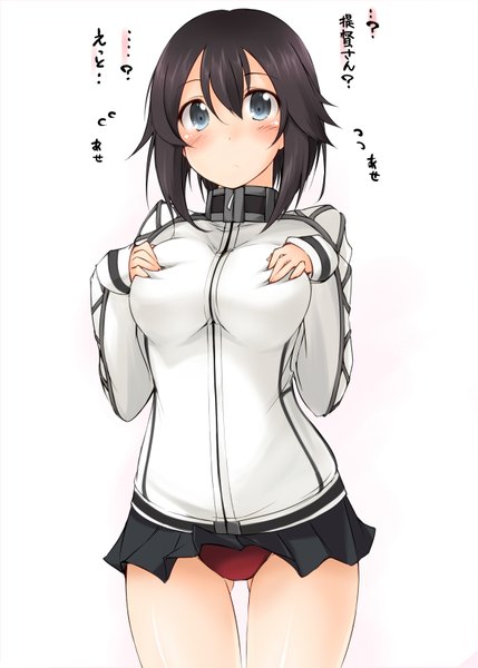 Anime picture 1200x1679 with kantai collection hayasui fleet oiler kaminagi-tei single tall image blush short hair breasts blue eyes light erotic black hair simple background large breasts white background long sleeves hand on chest girl skirt uniform miniskirt
