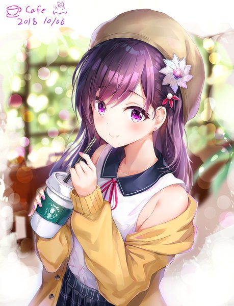 Anime picture 2456x3207 with original dana (hapong07) single long hair tall image looking at viewer blush fringe highres smile standing purple eyes holding purple hair outdoors long sleeves nail polish off shoulder open clothes lens flare