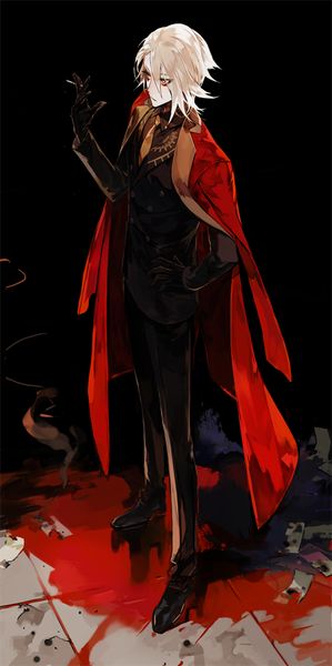 Anime-Bild 499x1000 mit fate (series) fate/grand order fate/apocrypha karna (fate) mo (mocopo) single tall image fringe short hair hair between eyes standing looking away silver hair full body from above hand on hip black background clothes on shoulders heroic spirit formal dress boy