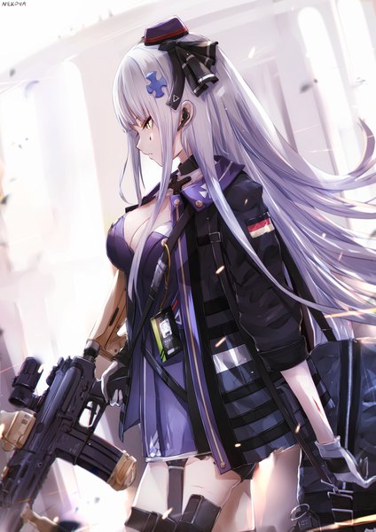 Anime picture 1158x1638 with girls frontline hk416 (girls frontline) nekoya (liu) single long hair tall image fringe breasts light erotic large breasts standing holding signed yellow eyes looking away cleavage silver hair outdoors profile wind