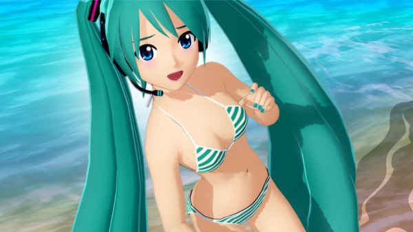 Anime picture 1920x1080 with vocaloid hatsune miku tagme (artist) single looking at viewer blush highres open mouth blue eyes wide image standing twintails bare shoulders very long hair nail polish aqua hair girl navel swimsuit bikini