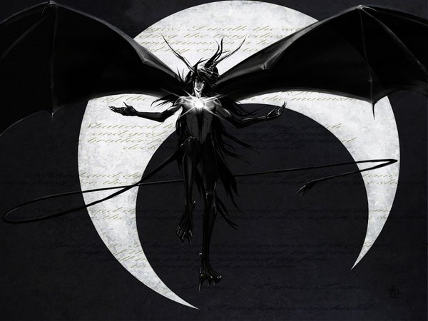 Anime picture 1600x1200 with bleach studio pierrot ulquiorra schiffer horn (horns) black background demon espada arrancar wings moon