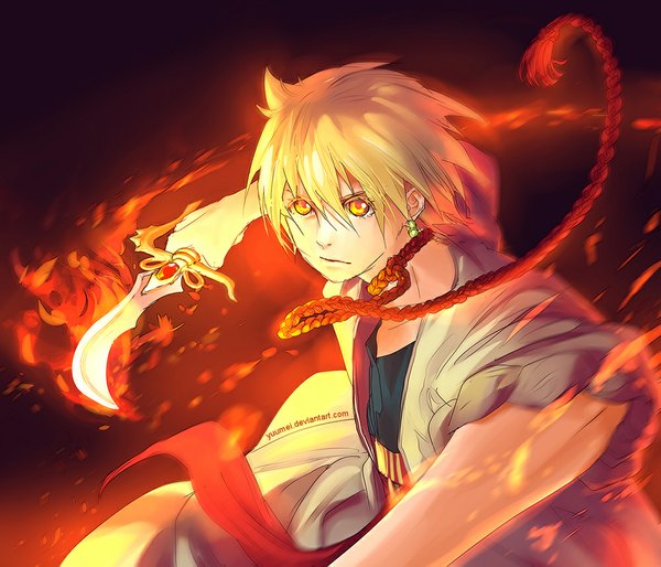Anime picture 1000x857 with magi the labyrinth of magic a-1 pictures ali baba saluja yuumei single short hair blonde hair yellow eyes looking away magic boy weapon earrings fire rope dagger arabian clothes