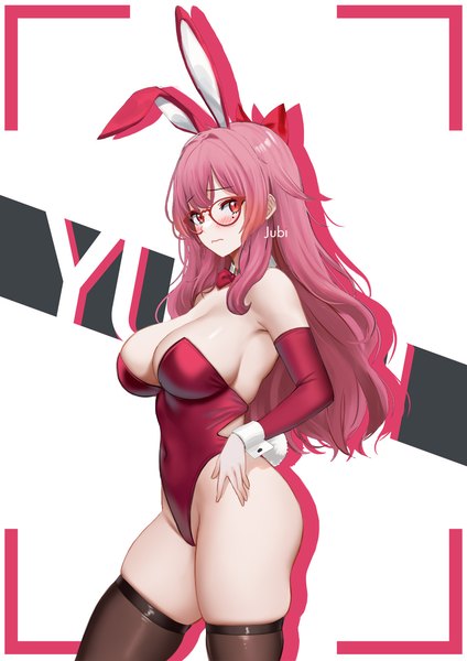 Anime picture 1190x1684 with original yuri (jubi) jubi (regiana) single long hair tall image blush fringe breasts light erotic simple background red eyes large breasts white background signed animal ears pink hair tail animal tail mole