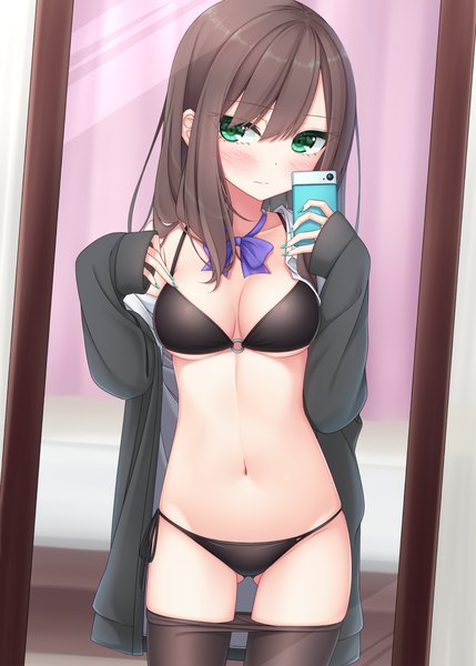 Anime picture 1072x1500 with original yoye (pastel white) single long hair tall image looking at viewer blush fringe breasts light erotic hair between eyes brown hair standing holding green eyes nail polish head tilt off shoulder open jacket bare belly