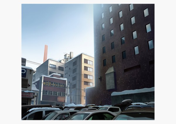 Anime picture 1433x1013 with original hariken sky outdoors city winter snow no people framed building (buildings) ground vehicle wire (wires) car pole