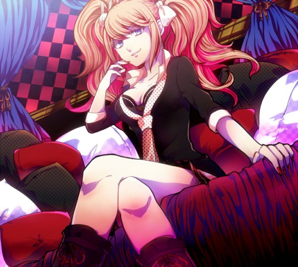 Anime picture 1051x944 with dangan ronpa enoshima junko kamioyuu single long hair blue eyes blonde hair twintails crossed legs girl skirt bow hair bow boots pillow couch