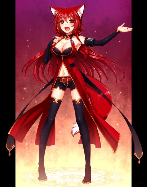 Anime picture 1200x1524 with original pixiv fantasia konshin single long hair tall image blush breasts open mouth red eyes animal ears red hair animal tail girl thighhighs navel black thighhighs detached sleeves shorts