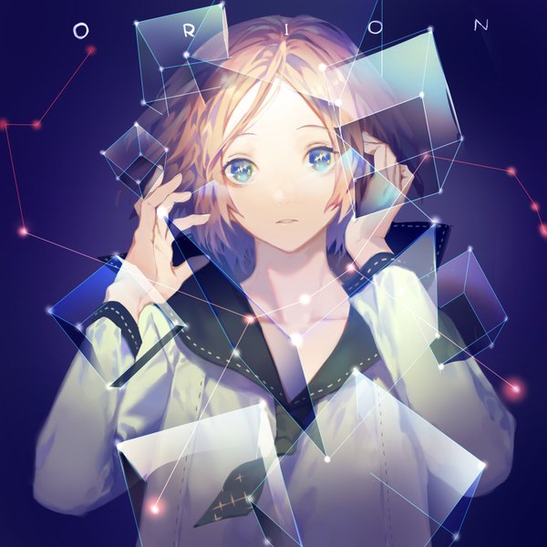 Anime picture 875x875 with original yamakawa single looking at viewer fringe short hair blue eyes blonde hair upper body long sleeves parted lips symbol-shaped pupils androgynous constellation uniform serafuku star (stars)