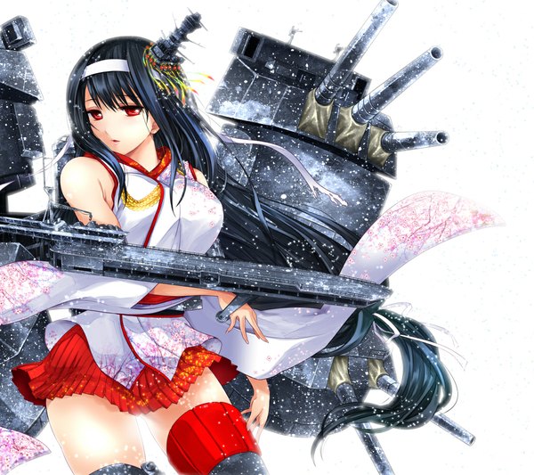 Anime picture 1125x1000 with kantai collection fusou battleship sumeragi hamao single long hair black hair red eyes white background looking away traditional clothes nontraditional miko girl skirt hair ornament weapon detached sleeves miniskirt hairband