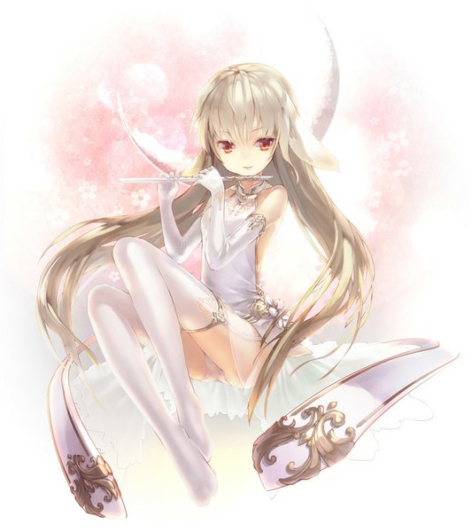 Anime picture 817x920 with original ritsuki single tall image looking at viewer fringe light erotic red eyes white background sitting holding animal ears silver hair bent knee (knees) very long hair parted lips wind pantyshot no shoes chinese clothes