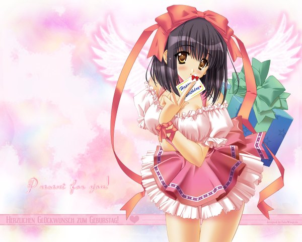 Anime picture 1280x1024 with original carnelian single looking at viewer fringe short hair black hair standing bare shoulders holding brown eyes inscription short sleeves angel wings hand to mouth happy birthday girl dress bow ribbon (ribbons)
