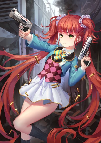 Anime picture 1767x2500 with girl cafe gun rococo (girl cafe gun) aaeru single tall image highres twintails green eyes looking away red hair very long hair girl skirt weapon socks gun black socks pistol