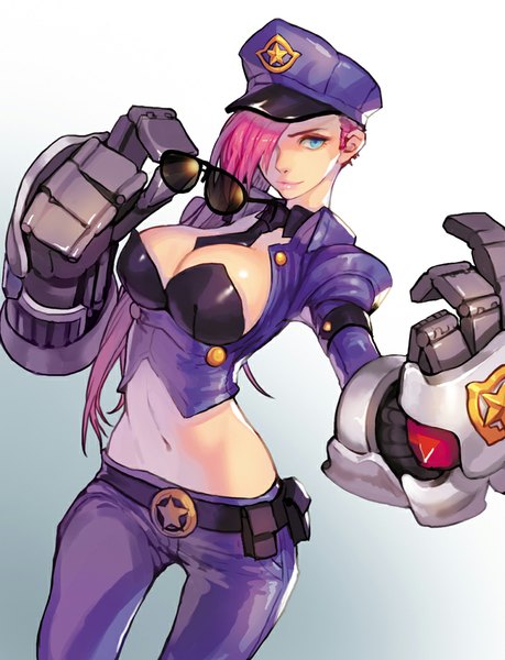 Anime picture 765x1000 with league of legends vi (league of legends) racoona single long hair tall image fringe blue eyes light erotic simple background pink hair lips hair over one eye bare belly midriff eyebrows sunglasses removed girl navel uniform