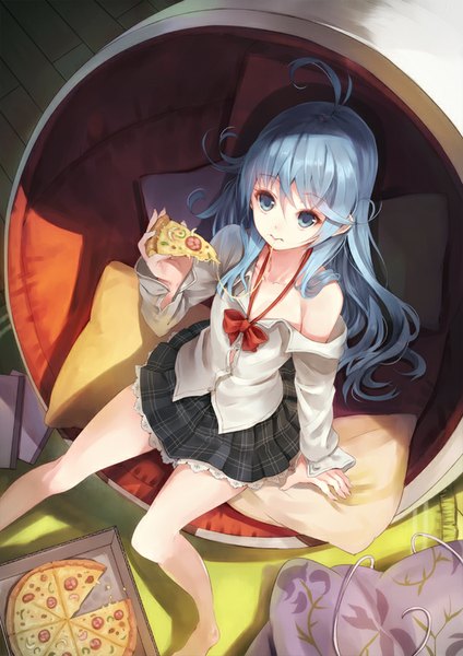 Anime picture 636x900 with denpa onna to seishun otoko shaft (studio) touwa erio paseri single long hair tall image looking at viewer fringe blue eyes sitting holding blue hair ahoge bent knee (knees) barefoot from above off shoulder bare legs legs