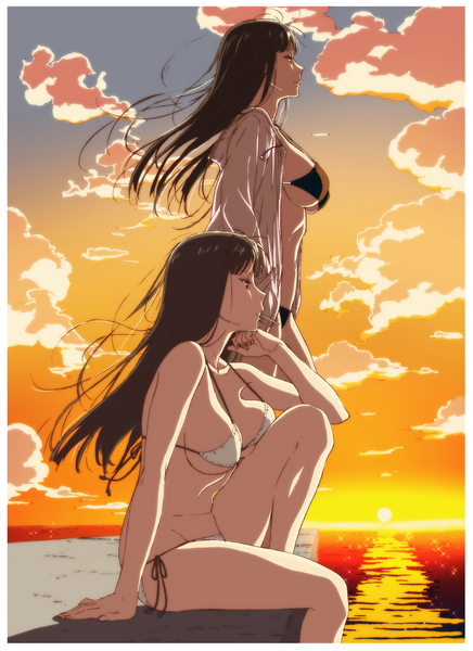 Anime picture 2974x4094 with original kakitama long hair tall image fringe highres breasts light erotic black hair hair between eyes large breasts standing sitting multiple girls payot looking away sky cloud (clouds) bent knee (knees) nail polish