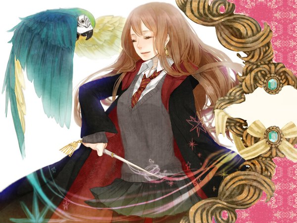 Anime picture 1024x768 with harry potter hermione granger long hair smile brown hair eyes closed long sleeves magic girl skirt uniform school uniform miniskirt animal shirt necktie bird (birds) sweater mantle hands