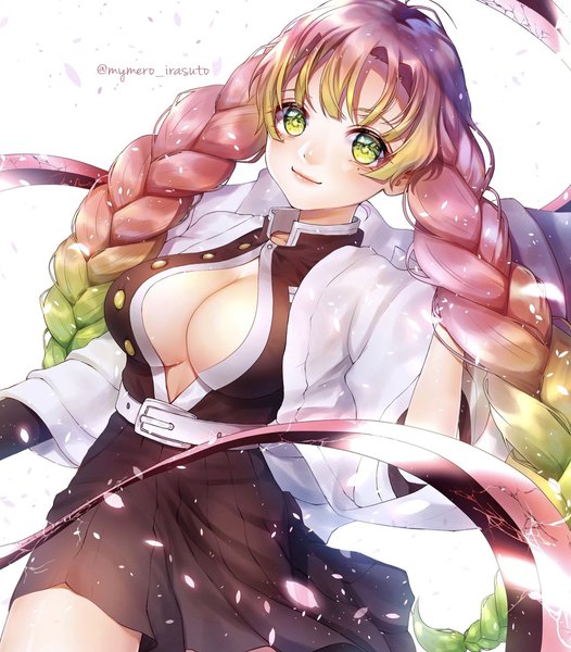 Anime picture 1589x1814 with kimetsu no yaiba ufotable kanroji mitsuri mymero single long hair tall image breasts light erotic large breasts white background green eyes signed pink hair braid (braids) traditional clothes japanese clothes multicolored hair green hair mole