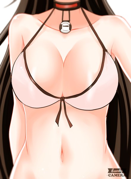 Anime picture 588x800 with closers yuri seo narynn single long hair tall image breasts light erotic brown hair large breasts bare shoulders cleavage bare belly head out of frame front-tie top girl navel swimsuit bikini collar