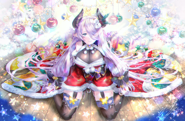 Anime picture 1363x899 with granblue fantasy narmaya (granblue fantasy) banamons single looking at viewer blush fringe breasts blue eyes light erotic large breasts sitting twintails signed purple hair full body bent knee (knees) very long hair horn (horns) light smile