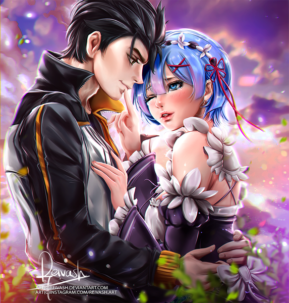 Anime picture 900x943 with re:zero kara hajimeru isekai seikatsu white fox rem (re:zero) natsuki subaru javier estrada tall image blush fringe short hair breasts blue eyes black hair smile hair between eyes large breasts standing signed blue hair sky cloud (clouds)