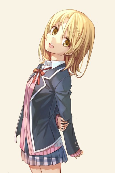 Anime picture 666x1000 with yahari ore no seishun love comedy wa machigatteiru. brains base (studio) isshiki iroha hika (cross-angel) single tall image looking at viewer fringe short hair breasts open mouth simple background blonde hair standing yellow eyes pleated skirt teeth happy open collar girl