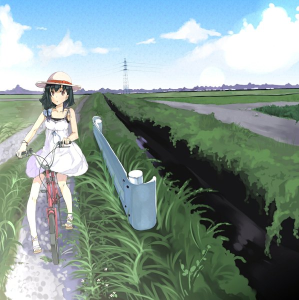 Anime picture 1087x1091 with original kitakaze saburou tall image short hair black hair brown eyes cloud (clouds) summer girl plant (plants) hat grass sundress ground vehicle power lines bicycle