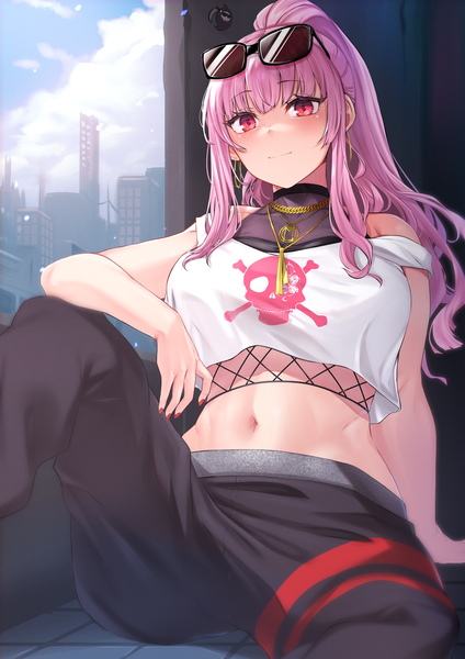 Anime picture 1623x2296 with virtual youtuber hololive hololive english mori calliope mori calliope (streetwear) moisture (chichi) single long hair tall image looking at viewer blush fringe breasts smile red eyes large breasts sitting payot pink hair sky