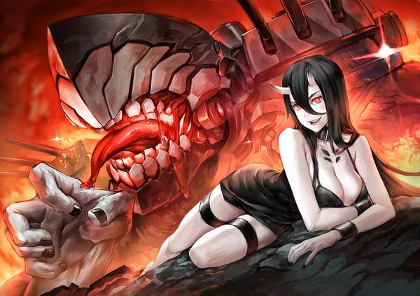 Anime picture 1280x904 with kantai collection battleship-symbiotic hime asuka111 single long hair looking at viewer breasts black hair hair between eyes red eyes lying horn (horns) teeth on side oni horns white skin shinkaisei-kan girl thighhighs dress