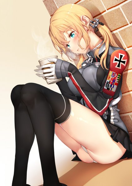 Anime picture 566x800 with kantai collection prinz eugen (kantai collection) yappen single long hair tall image blush breasts blue eyes light erotic blonde hair large breasts holding looking away bent knee (knees) pantyshot pantyshot sitting steam brick wall girl