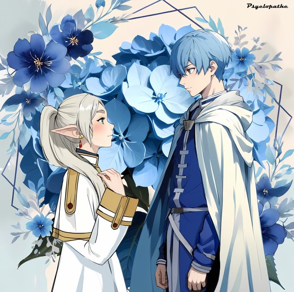 Anime picture 1545x1535 with sousou no frieren frieren himmel (sousou no frieren) psyclopathe long hair blush fringe short hair hair between eyes standing signed blue hair silver hair profile pointy ears elf eye contact floral background girl boy