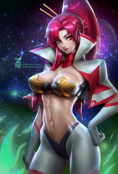 Anime picture 578x850 with tengen toppa gurren lagann gainax yoko littner paul (shiramune) single long hair tall image fringe breasts light erotic large breasts yellow eyes pink hair ponytail lips realistic girl navel suit