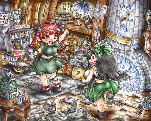 Anime picture 1500x1200 with touhou reiuji utsuho kaenbyou rin ys (ytoskyoku-57) long hair breasts open mouth black hair smile red eyes large breasts standing twintails multiple girls animal ears red hair tail braid (braids) animal tail cat ears
