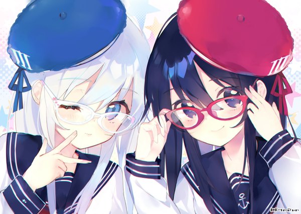 Anime picture 900x640 with kantai collection hibiki destroyer akatsuki destroyer atsumi jun long hair looking at viewer blush fringe blue eyes black hair smile hair between eyes purple eyes multiple girls upper body white hair one eye closed wink adjusting glasses bespectacled