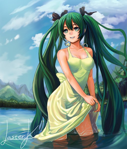 Anime picture 1102x1286 with vocaloid hatsune miku lasterk single long hair tall image twintails green eyes sky green hair wet girl ribbon (ribbons) water sundress